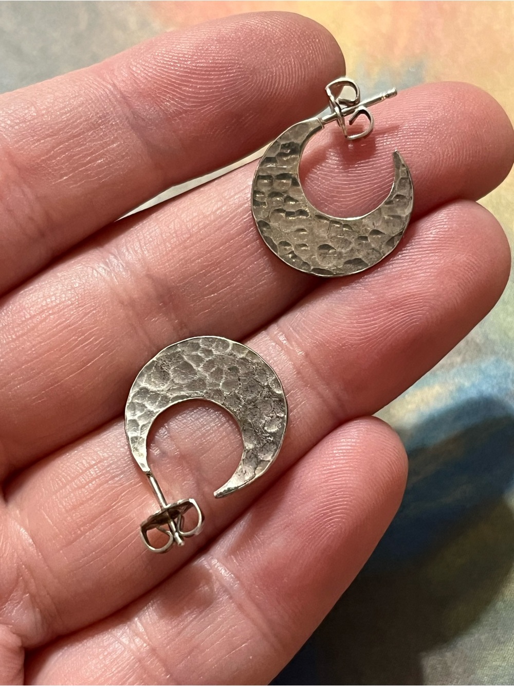 Vintage Sterling Silver 925 Hammered Crescent Moon Stud Half Hoop Earrings
